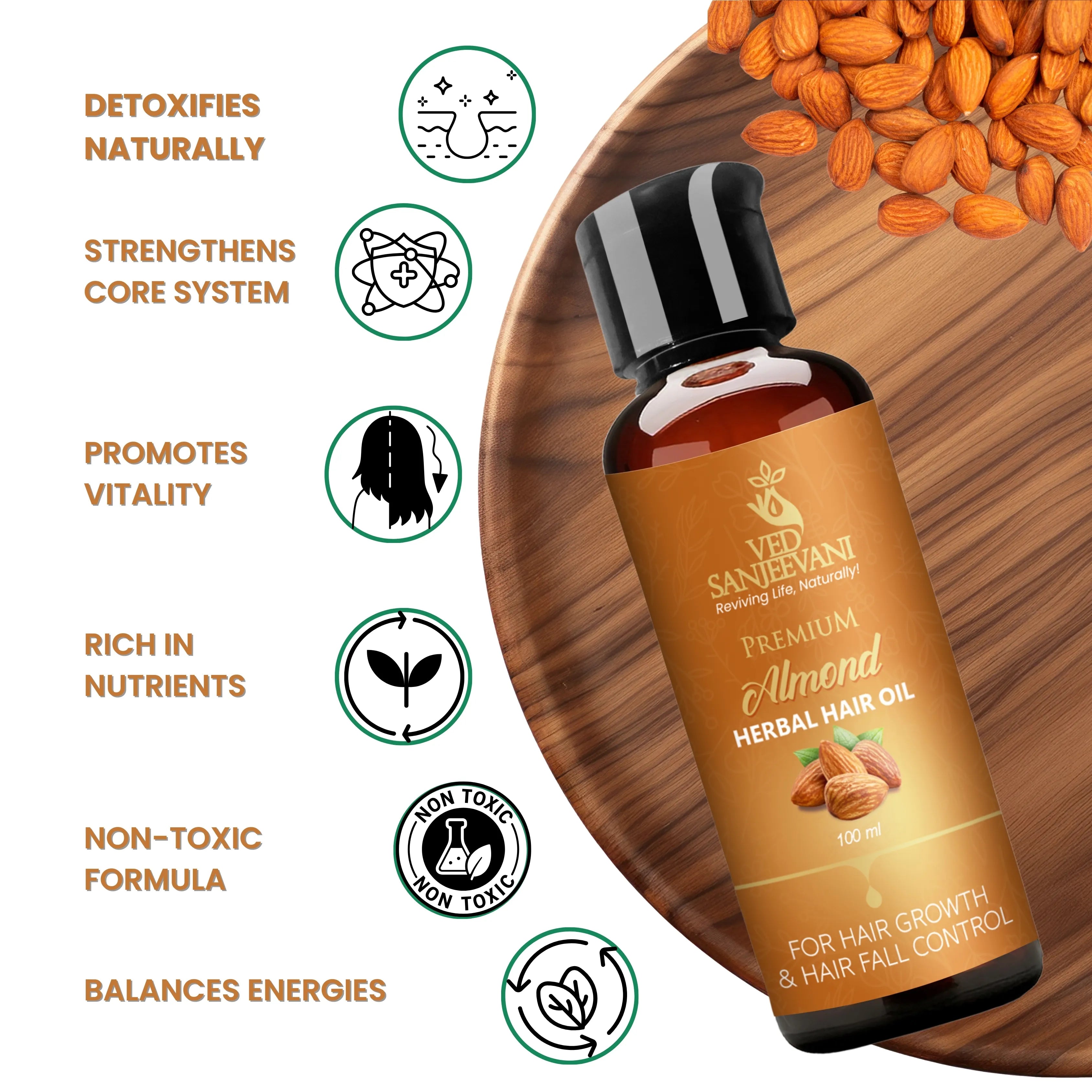 Nourishing Ayurvedic oil for stronger, healthier, and shinier hair- Almond Hair Oil enriched with Almond Oil Argan Oil Bhringraj and Amla