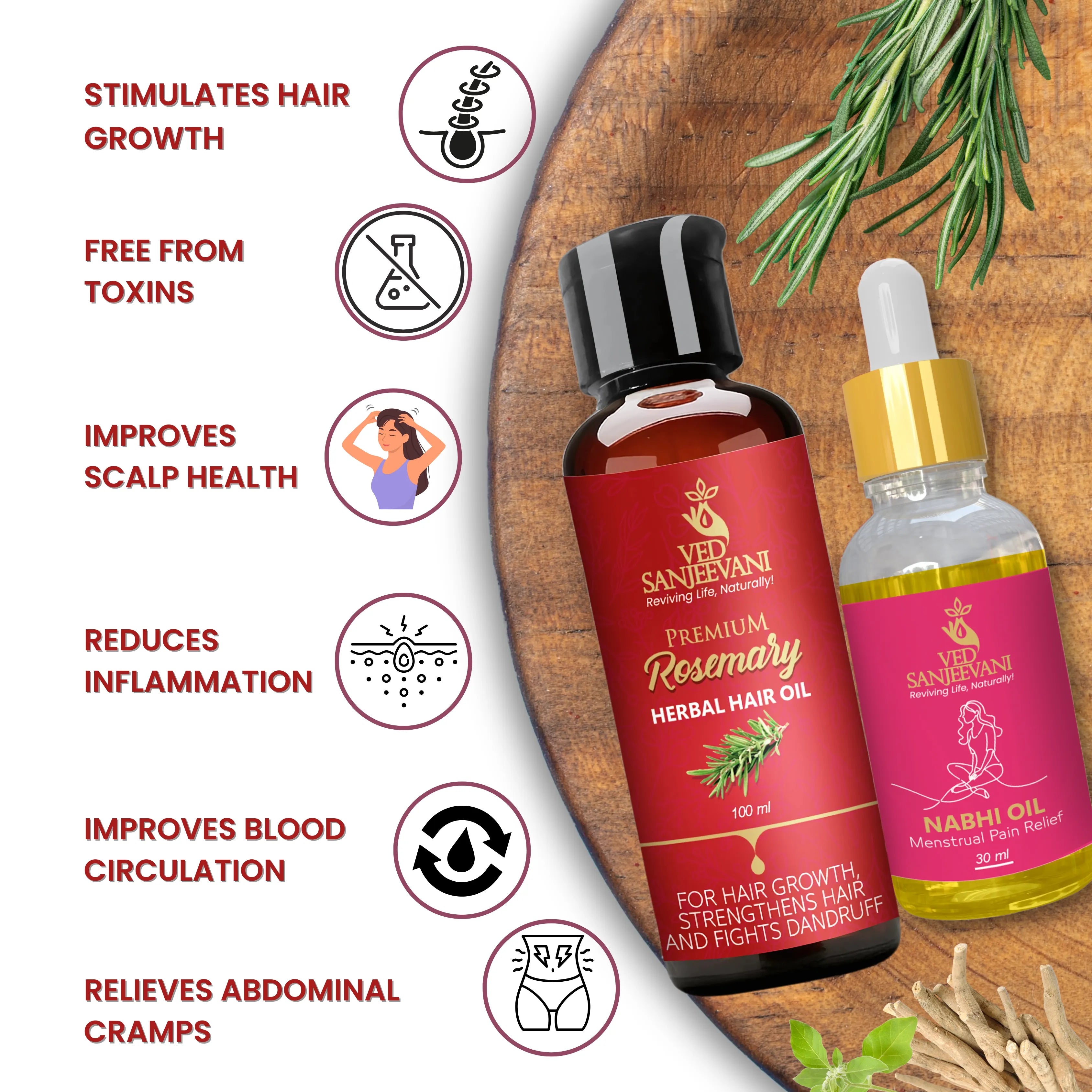 COMBO(Rosemary Hair Oil for Hair Growth + Menstrual Pain Relief Nabhi Oil) - Product Benefits and Ingredients