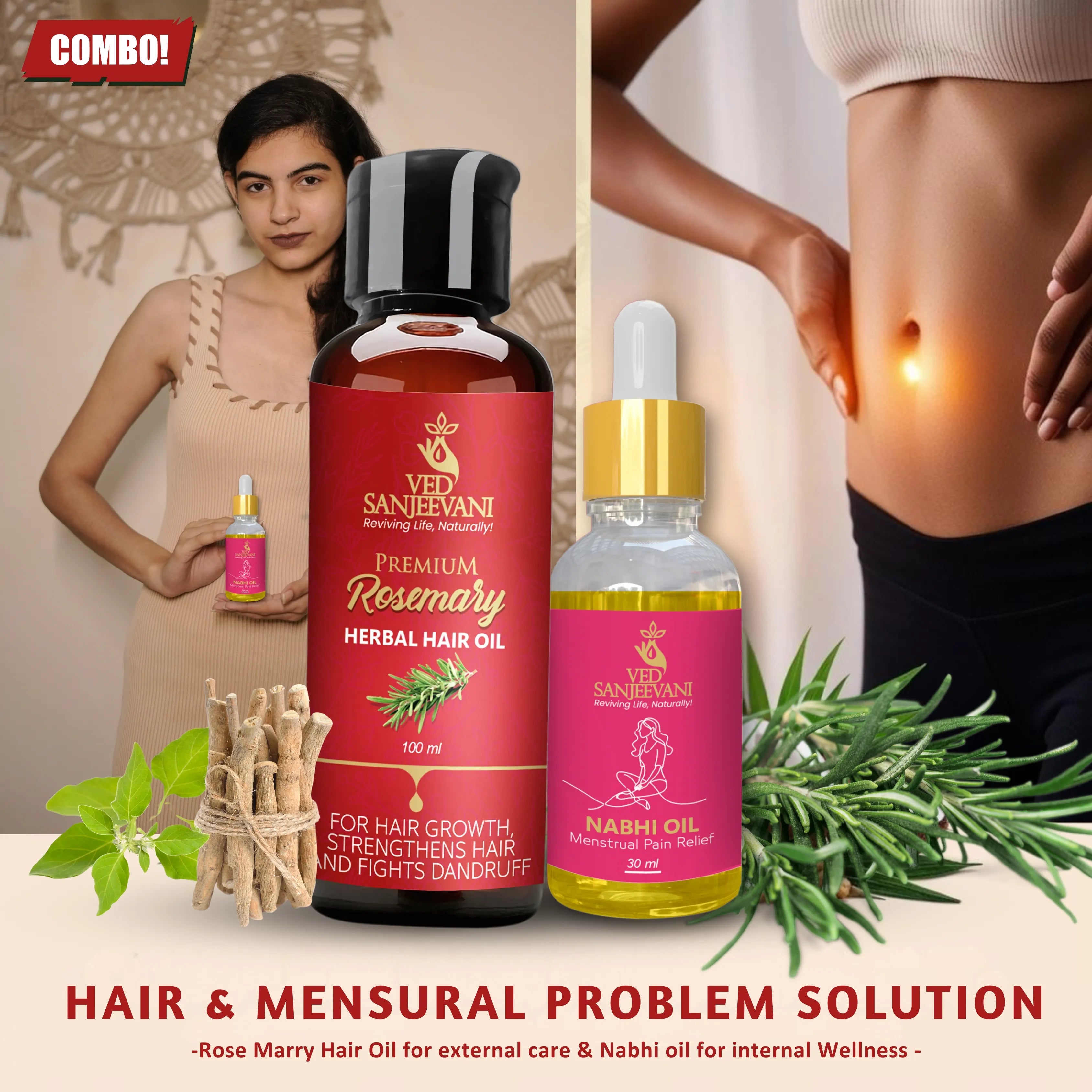 COMBO(Rosemary Hair Oil for Hair Growth + Menstrual Pain Relief Nabhi Oil) - Key Ingredients and Ayurvedic Herbs