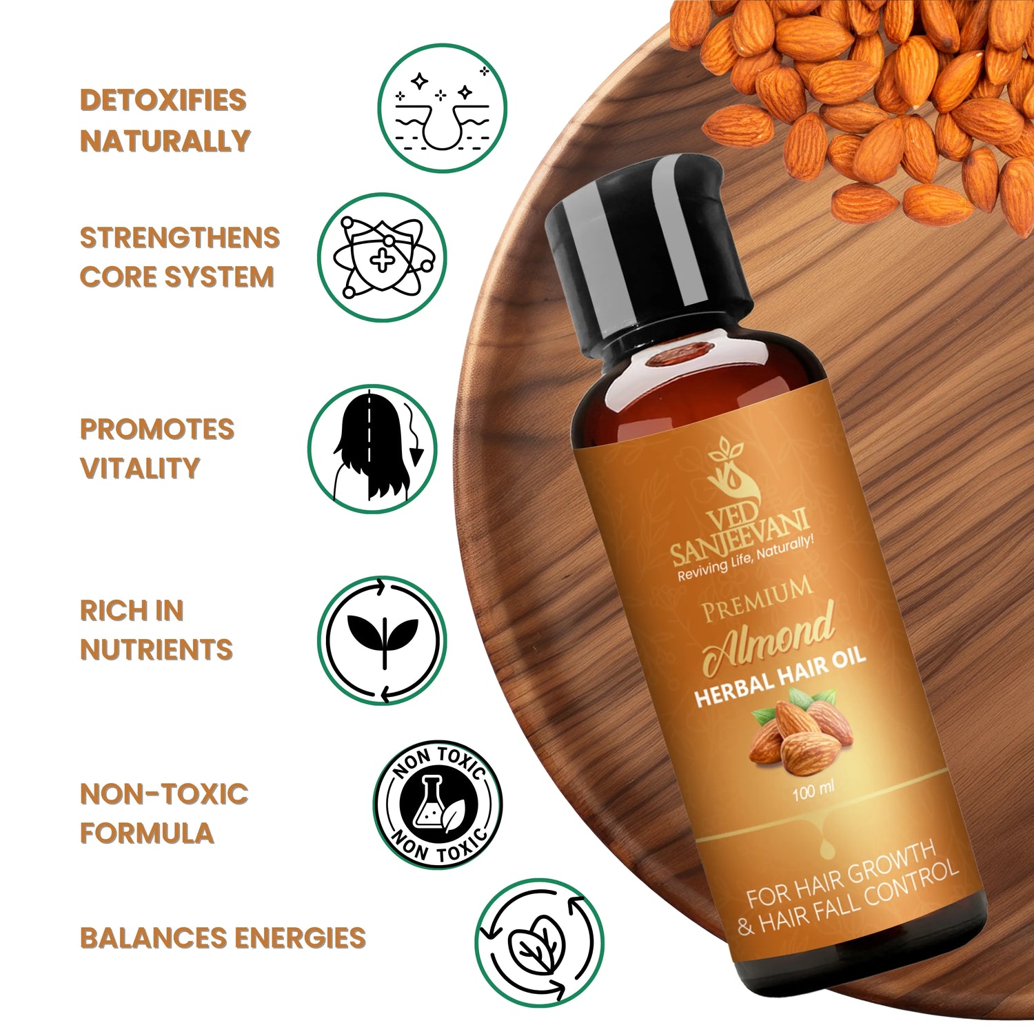 Nourishing Ayurvedic oil for stronger, healthier, and shinier hair- Almond Hair Oil enriched with Almond Oil Argan Oil Bhringraj and Amla