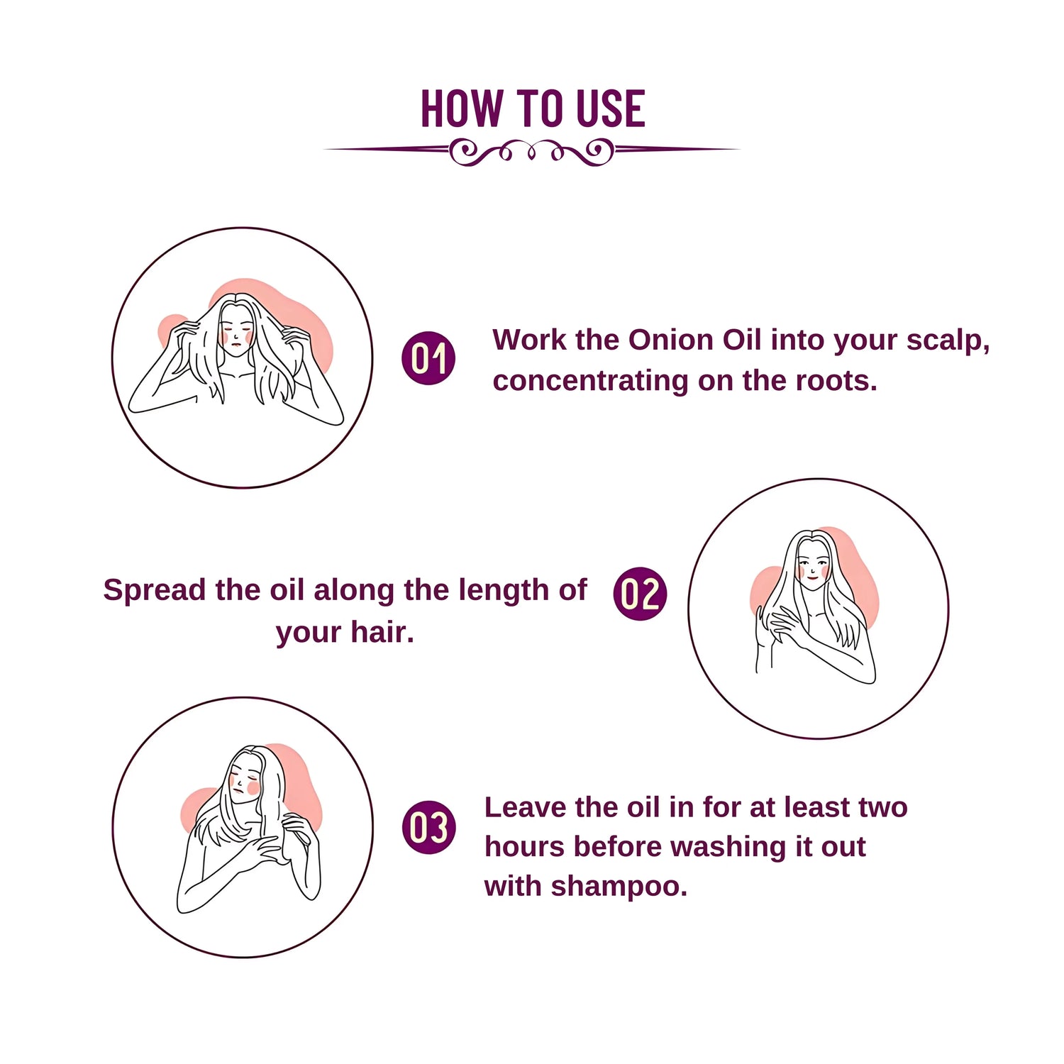 Step-by-step application of onion herbal hair oil from roots to hair tips