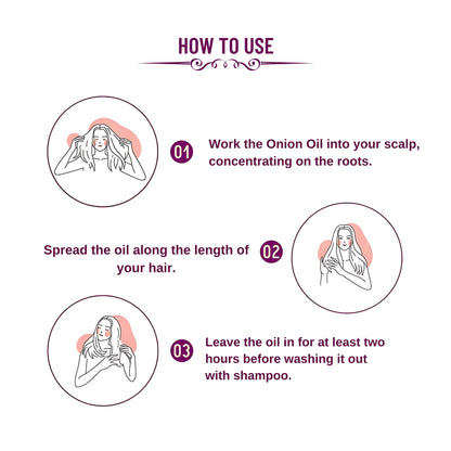 Step-by-step application of onion herbal hair oil from roots to hair tips