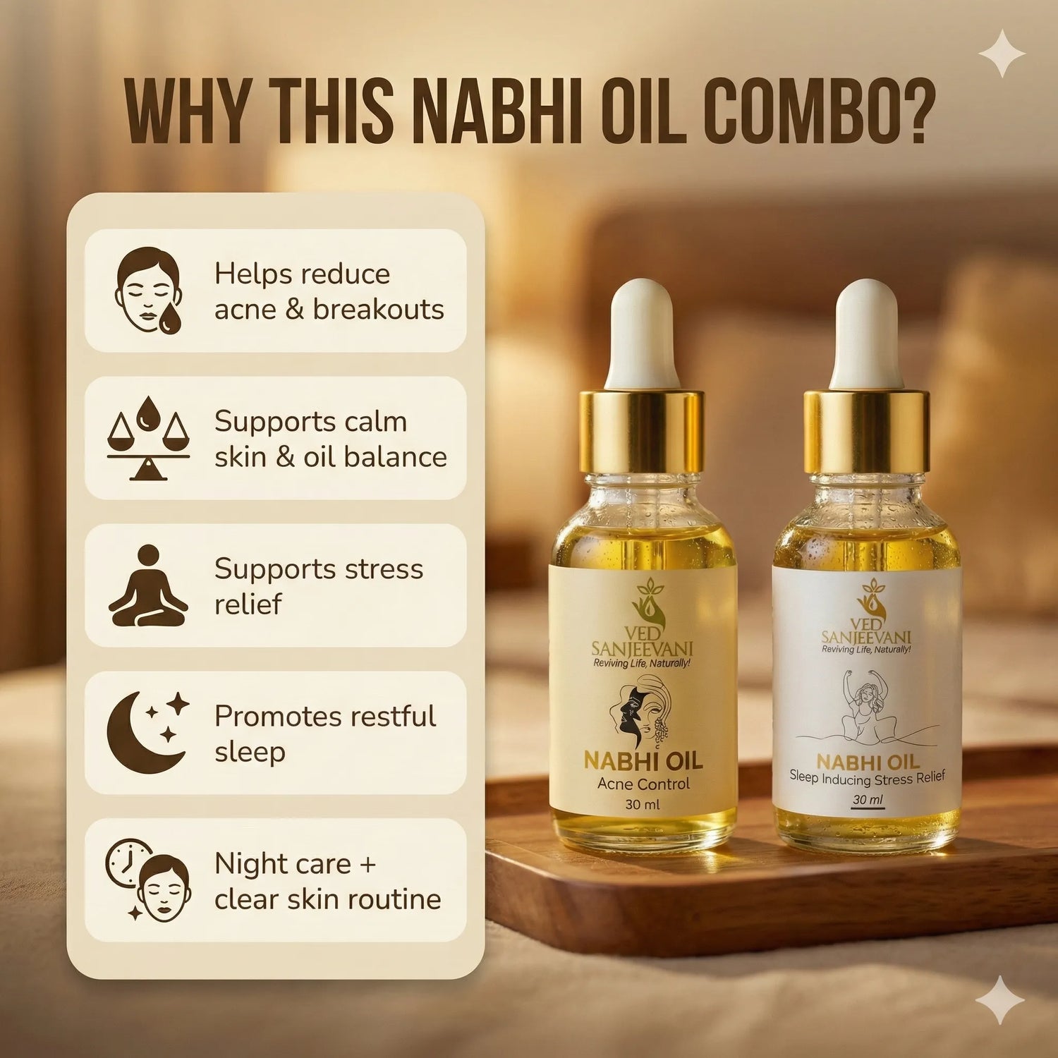 COMBO of Sleep Inducing &amp; Acne Control – Ayurvedic Nabhi Oils for Restful Sleep, Calm &amp; Clear Healthy Skin - How to Use Nabhi Oil Application Guide