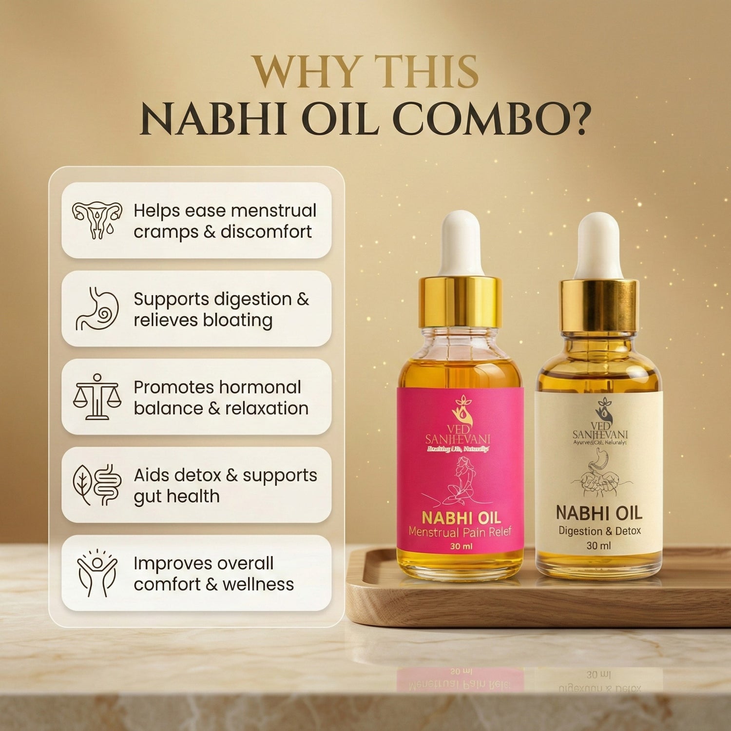 Ved Sanjeevani 30-Day Menstrual Pain Relief &amp; Digestion &amp; Detox Nabhi Oil Program - Key Ingredients and Ayurvedic Herbs