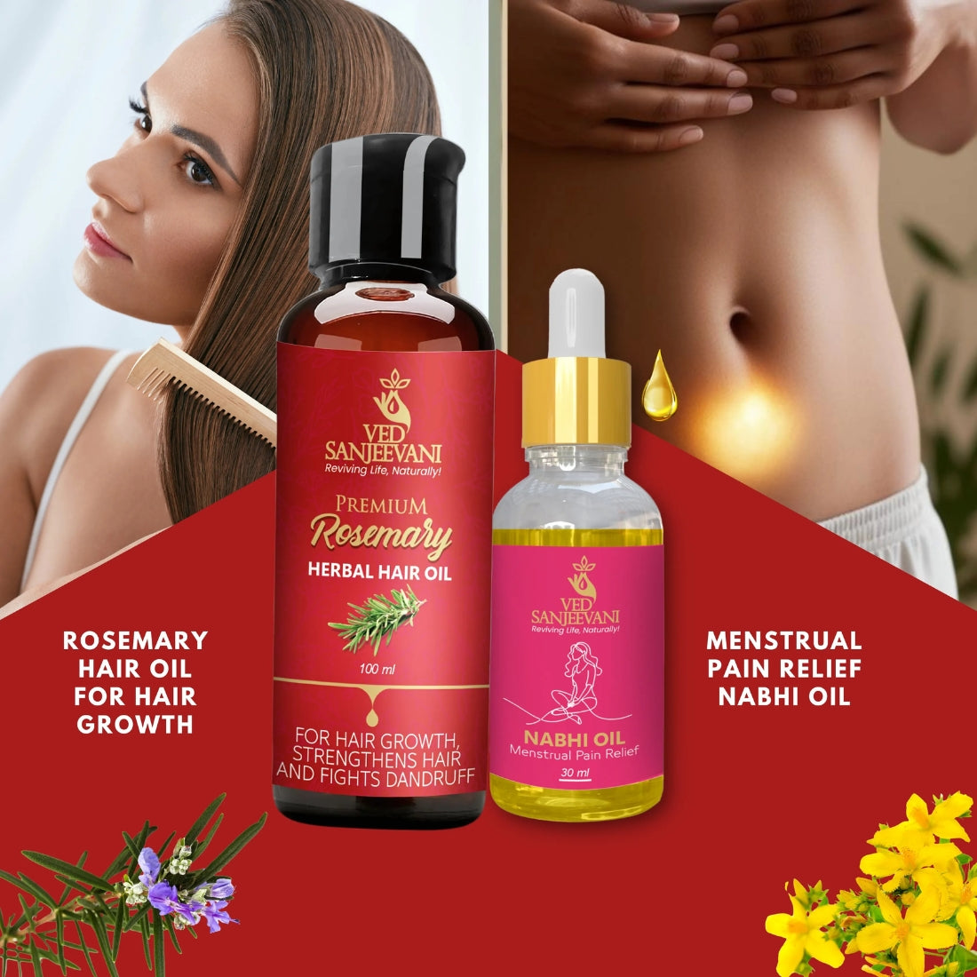 COMBO(Rosemary Hair Oil for Hair Growth + Menstrual Pain Relief Nabhi Oil) - Ved Sanjeevani Ayurvedic Product