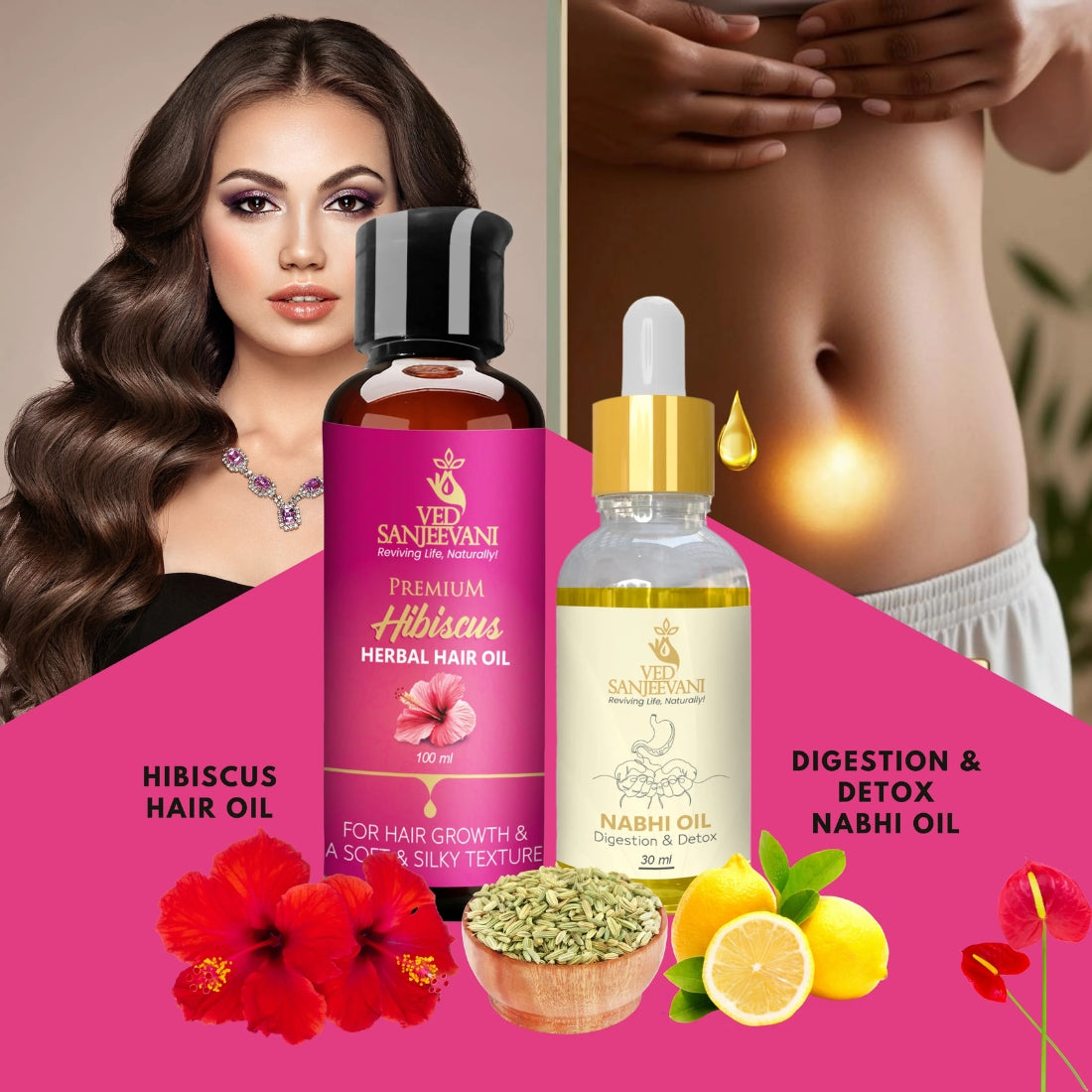 COMBO(Hibiscus Hair Oil + Digestion &amp; Detox Nabhi Oil) - Ved Sanjeevani Ayurvedic Product